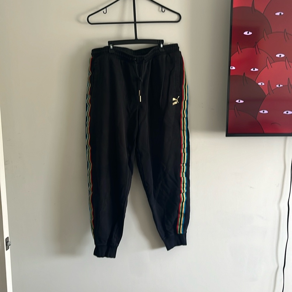 Puma, rainbow striped black sweatpants, Size: XL